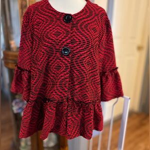 Red &Black Jacket 2X with ruffled Bell Sleeves & ruffled hem front. NWOT